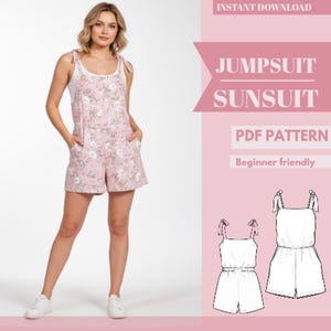 May include: A woman wearing a pink floral print jumpsuit with pockets and tie straps. The image includes text that reads "Jumpsuit Sunsuit PDF Pattern Beginner friendly" and "Instant Download".
