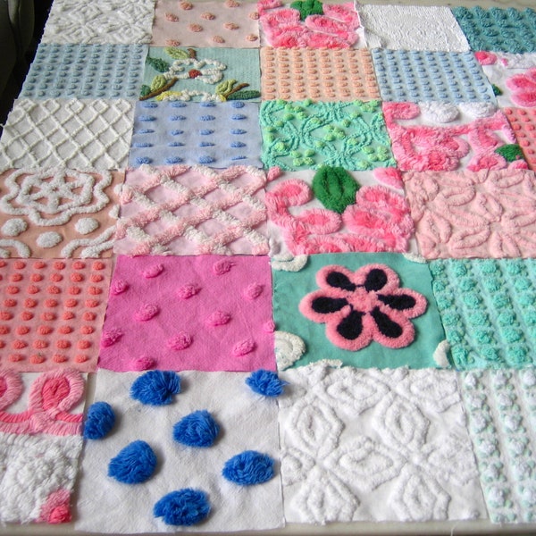 Quilt Kit - Assortment of (72) 6" Vintage Chenille Bedspread Fabric Squares - Joyful Colors