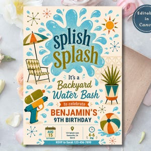 Inbjudan till Splish Splash-födelsedag, inbjudan till vattenfest i trädgården, redigerbar Canva-mall för alla åldrar