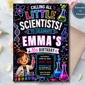 May include: A black invitation with colorful text and graphics for a science-themed birthday party. The invitation reads "Calling All Little Scientists!" and includes the name "Emma's" and "8th Birthday". It features lab equipment illustrations.