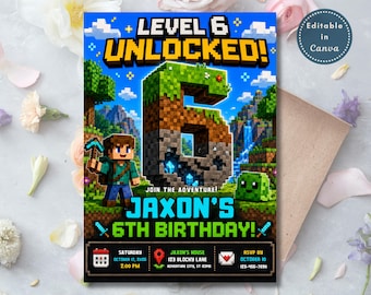 Puede incluir: Una tarjeta de invitación de cumpleaños digital con un número seis de bloques pixelados, un personaje con un pico y una criatura de limo verde. El texto dice LEVEL 6 UNLOCKED, JAXON'S 6TH BIRTHDAY, JOIN THE ADVENTURE e incluye detalles del evento.