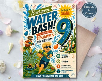 Backyard Water Bash 9th Birthday Invitation, Summer Party Invite, Editable Canva Template