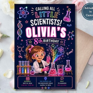 Peut inclure: Une carte d'invitation d'anniversaire bleu foncé avec des graphismes scientifiques style néon, incluant des tubes à essai, des béchers et une hélice d'ADN. Le texte indique : Calling All Little Scientists! Olivia's 8th Birthday, avec les détails.