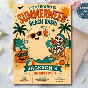 May include: A Summerween Beach Bash invitation card featuring a ghost and a skeleton on a beach. The text reads: YOU'RE INVITED TO SUMMERWEEN BEACH BASH! JACKSON'S 8TH BIRTHDAY PARTY! DATE AUGUST 22, 2026, LOCATION 123 SUNSHINE DRIVE MIAMI, FL 33139, RSVP.