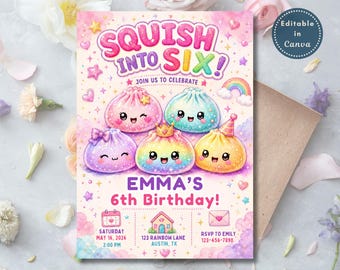 Puede incluir: Una tarjeta de invitación de cumpleaños con el texto SQUISH INTO SIX! EMMA'S 6th Birthday! y cinco albóndigas sonrientes de estilo caricatura. El diseño incluye un calendario, un icono de casa, un sobre y detalles del evento.
