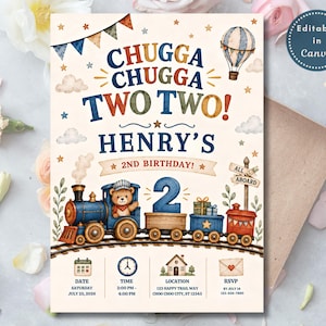 May include: A birthday invitation card featuring a watercolour train with a teddy bear conductor, a hot air balloon, and bunting. The text reads CHUGGA CHUGGA TWO TWO! HENRY'S 2ND BIRTHDAY! with event details including date, time, location, and RSVP information.