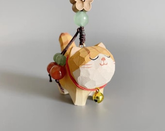 Hand Carved Wooden Cat Keychain, Chubby Kitten Bag Charm, Car Mirror Accessory