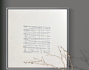 Original texturerad abstrakt akrylmålning | Vitgrå modern minimalistisk 10 x 10 på spänd duk | Samtida galleriväggkonst
