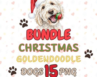 Pacote com 15 PNGs de Goldendoodle para o Natal | Clipart realista de cachorros em aquarela | Uso comercial