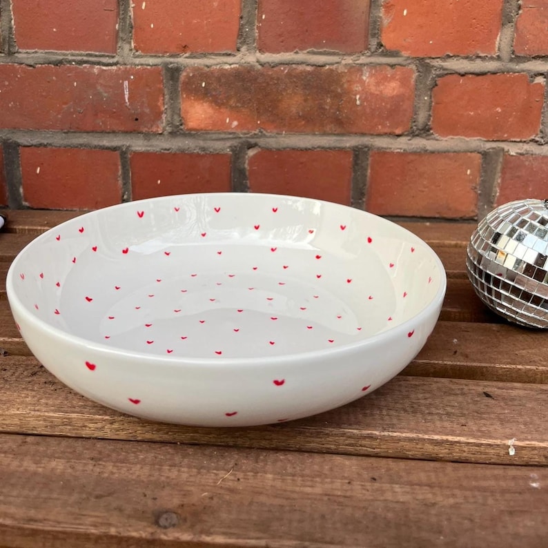 Hand-painted porcelain plate with hearts: creamy white, unique piece, lovingly handcrafted, pasta plate, high rim, bowl, dishwasher safe image 2