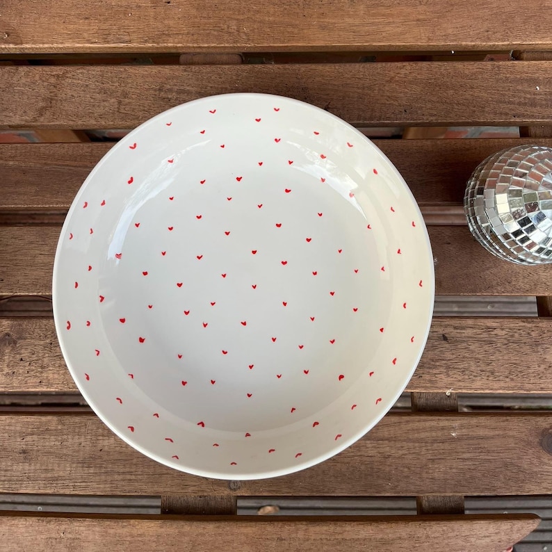 Hand-painted porcelain plate with hearts: creamy white, unique piece, lovingly handcrafted, pasta plate, high rim, bowl, dishwasher safe image 3