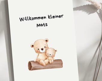 Karte zur Geburt: Personalisiert, Bär, Geburtsankündigung, Zuwachs, Grußkarte, Neugeborenes, Baby, Familie, inkl. Briefumschlägen
