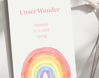 Karte zur Geburt: Personalisiert, Regenbogen, Geburtsankündigung, Zuwachs, Grußkarte, Neugeborenes, Baby, Familie, inkl. Briefumschlägen