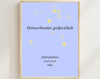Poster: Babyposter | Personalisierbar | Geburt | Geschenk zur Geburt | Sterne | Kinderzimmer Deko | Baby Name Poster | opt. Holzrahmen