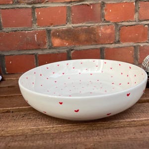 Hand-painted porcelain plate with hearts: creamy white, unique piece, lovingly handcrafted, pasta plate, high rim, bowl, dishwasher safe image 4