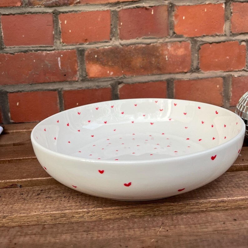 Hand-painted porcelain plate with hearts: creamy white, unique piece, lovingly handcrafted, pasta plate, high rim, bowl, dishwasher safe image 4