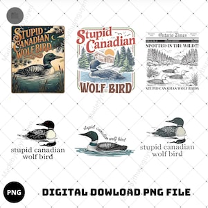 Pode incluir: Arquivos PNG digitais com ilustrações de um mergulhão e o texto "Stupid Canadian Wolf Bird". Os designs incluem gráficos de estilo vintage e layouts de jornais, perfeitos para projetos de arte digital.