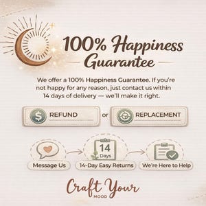 Puede incluir: Un gr&aacute;fico con un icono de luna creciente marr&oacute;n y el texto 100% Happiness Guarantee. Incluye botones para Refund o Replacement, e iconos para Message Us, 14-Day Easy Returns y We're Here to Help, terminando con el texto Craft Your Mood.