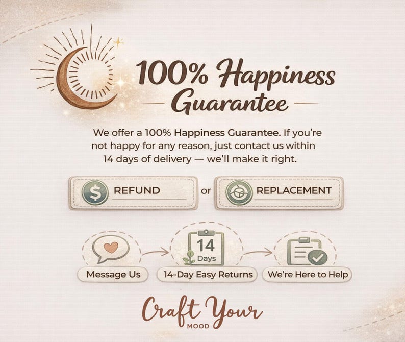 Puede incluir: Un gr&aacute;fico con un icono de luna creciente marr&oacute;n y el texto 100% Happiness Guarantee. Incluye botones para Refund o Replacement, e iconos para Message Us, 14-Day Easy Returns y We're Here to Help, terminando con el texto Craft Your Mood.