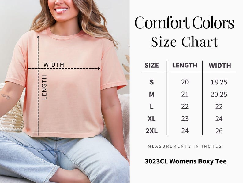 Puede incluir: Una camiseta de corte cuadrado color melocot&oacute;n con una tabla de tallas titulada Comfort Colors Size Chart. La tabla enumera las tallas de S a 2XL con medidas de largo y ancho en pulgadas. El texto 3023CL Womens Boxy Tee est&aacute; abajo.