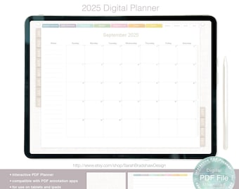 2025 Digital Planner, Interactive Digital PDF Planner for use on iPad Tablet or Computers
