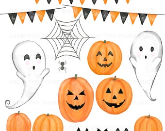 Halloween Clip Art. Pumpkin Clip Art. Ghost Clipart. Watercolor Halloween Graphics. Cute Halloween Clipart. Printable Pumpkins.
