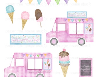 Ice Cream Truck Clip Art. Ice Cream Clip Art. Watercolor Illustrations. Ice Cream Party Clipart. Ice Cream Shop. Clip Art Set. SVG. 302