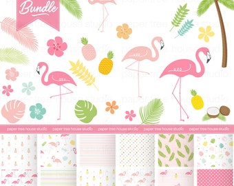 Flamingo Clip Art & Paper Bundle. Flamingo Clip Art. Flamingo Download. Palm Pattern. Tropical Clip Art. Tropical Print. Pineapple Clip Art