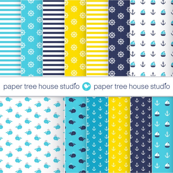 Nautical Digital Paper. Sailboat Digital Paper. Sailboat Clipart. Yellow Paper. Nautical Scrapbook Paper. Anchor Print. Teal Nautical Paper.