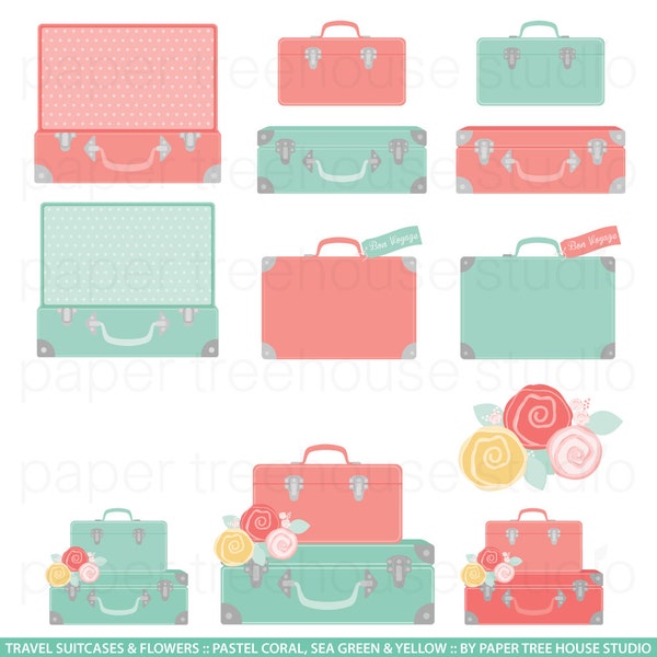Travel Clip Art. Suitcase Clipart. Bon Voyage Party. Vacation Clipart. Flower Clip Art. Vintage Travel Clipart. Luggage Digital Download.