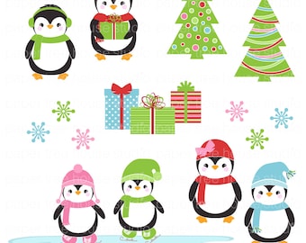 Clipart de Noël. Clipart de pingouin. Clip Art de patinage sur glace. Téléchargement numérique de Noël. Flocon de neige PNG. Clipart d’hiver. Pingouin PNG. JPG.