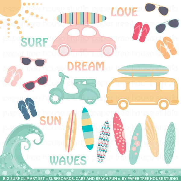 Surf Clipart. Beach Clip Art. Vacation Clipart. Summer Clipart. Car Clipart. Scooter Clipart. Beach Digital Download. Surf PNG & JPG Files.