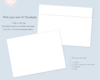 May include: Two white A7 envelope templates on a light blue background. Text reads "Print your own A7 Envelope" and lists the file type and paper size. Instructions include printer, paper, scissors, and glue.