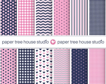 Pink Digital Paper. Pink Check Paper. Heart Digital Paper. Preppy Paper. Navy Digital Paper. Navy Polka Dots Paper. Pink and Navy Paper.
