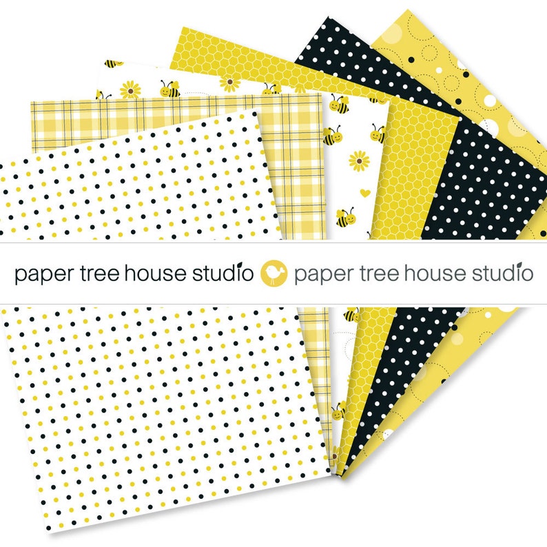 Bumble Bee Digital Paper Set. Honeycomb Digital Paper. Bee Scrapbook Paper. Yellow Digital Paper. Black and White Digital Paper. Plaid Paper image 2
