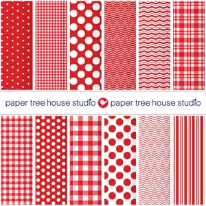 Rotes Digitales Papier. Rotes Polka Dot Papier. Digitales Papier mit rotem Vichy-Karo. Rot gestreiftes Papier. Leuchtend rotes Scrapbook Papier. Roter und weißer Hintergrund.