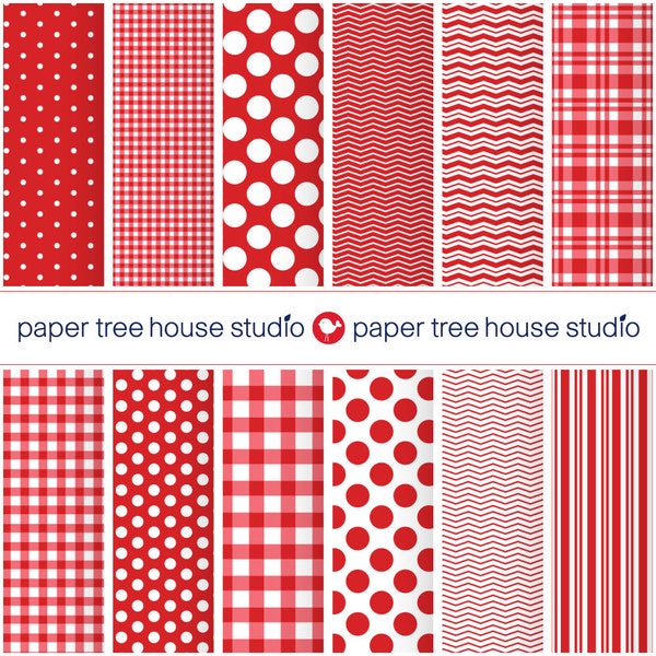 Red Digital Paper. Red Polka Dot Paper. Red Gingham Digital Paper. Red Striped Paper. Bright Red Scrapbook Paper. Red and White Background.