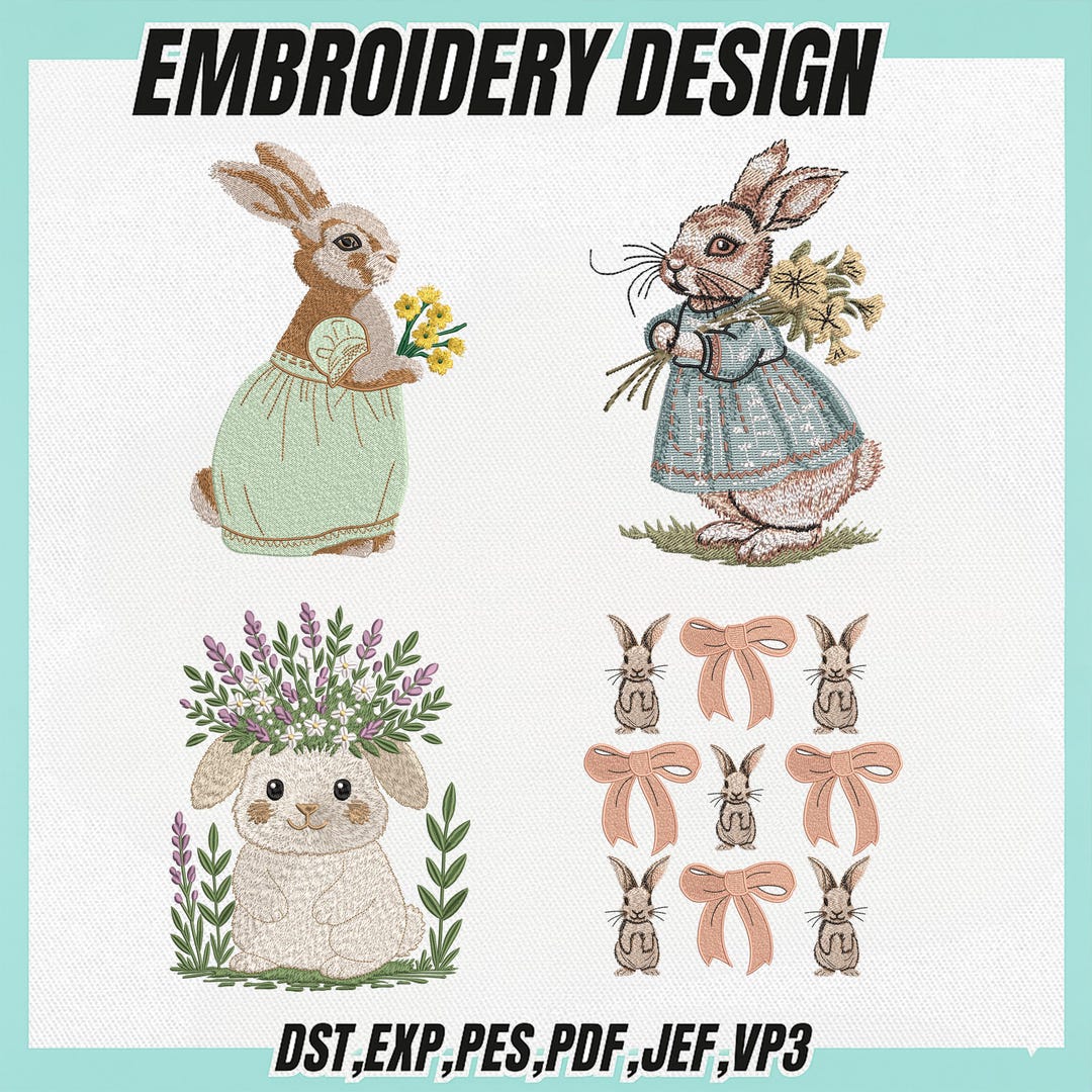 Vintage Bunny Machine Embroidery Design, Rabbit Floral Embroidery File ...