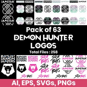 Puede incluir: Una colección de logotipos en varios estilos y colores, con el texto "DEMON HUNTER LOGOS." La imagen incluye el texto "Pack of 63" y "Total Files: 258." Los formatos de archivo incluyen AI, EPS, SVGs y PNGs.