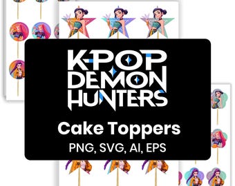 May include: Cake toppers featuring K-Pop Demon Hunters characters. The toppers include illustrations of female characters with various hairstyles and outfits. The image also includes a black rectangle with the text "K-POP DEMON HUNTERS" and "Cake Toppers".