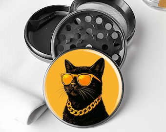 Schwarze Katze mit orangener Brille: Aluminiumlegierungsmühle für Kräuter und Gewürze