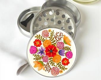 Hand Drawn Florals Art Herb Grinder - Aluminum Spice Grinder
