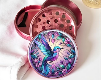 Molinillo de hierbas con forma de colibrí de mosaico de vidrio - Molinillo de especias de aluminio con raspador