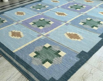 Handgeweven blauw lavendelwollen kelimtapijt: geometrisch geruit decor, Scandinavisch vloerkleed 9 x 12 ft