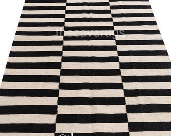Handwoven Black White Striped Wool Rug | Geometric Scandinavian Decor | Boho Flatweave Area Carpet