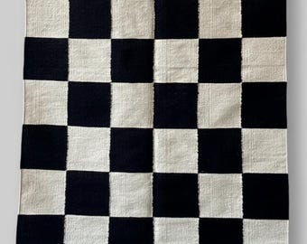 Handwoven Black White Checkered Wool Rug | Modern Checkerboard Flatweave Area Rug