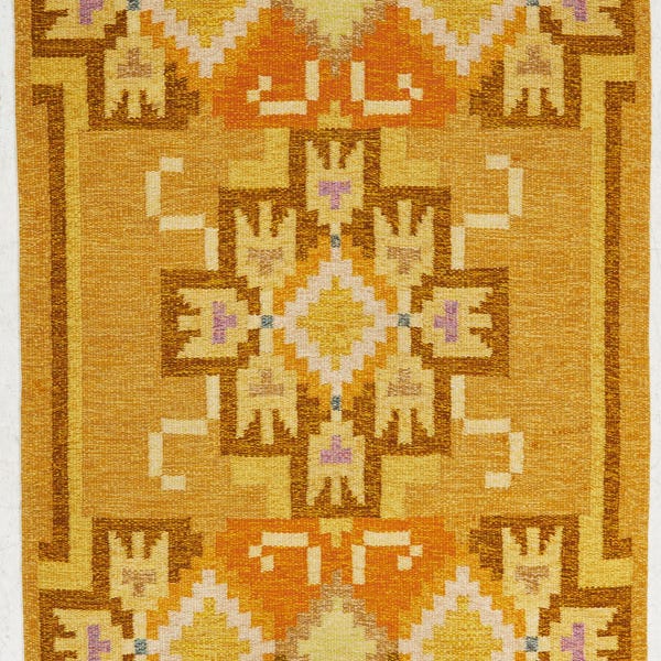 Alfombra Kilim vintage de lana ocre / Tejido plano geométrico de mediados de siglo / Tejido plano amarillo mostaza