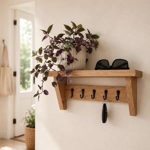 Light Oak Wall Shelf with Hooks – Minimalist Entryway Organizer Storage
