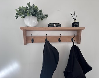 Estante perchero de roble – Estante de pared de madera hecho a mano con ganchos