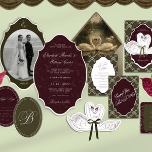 May include: A wedding stationery set featuring deep burgundy and olive green accents. Includes a photo card of a couple, swan-shaped die-cut cards with ribbons, floral illustrations, and formal text detailing the marriage of Elisabeth Brooks and William Carter.